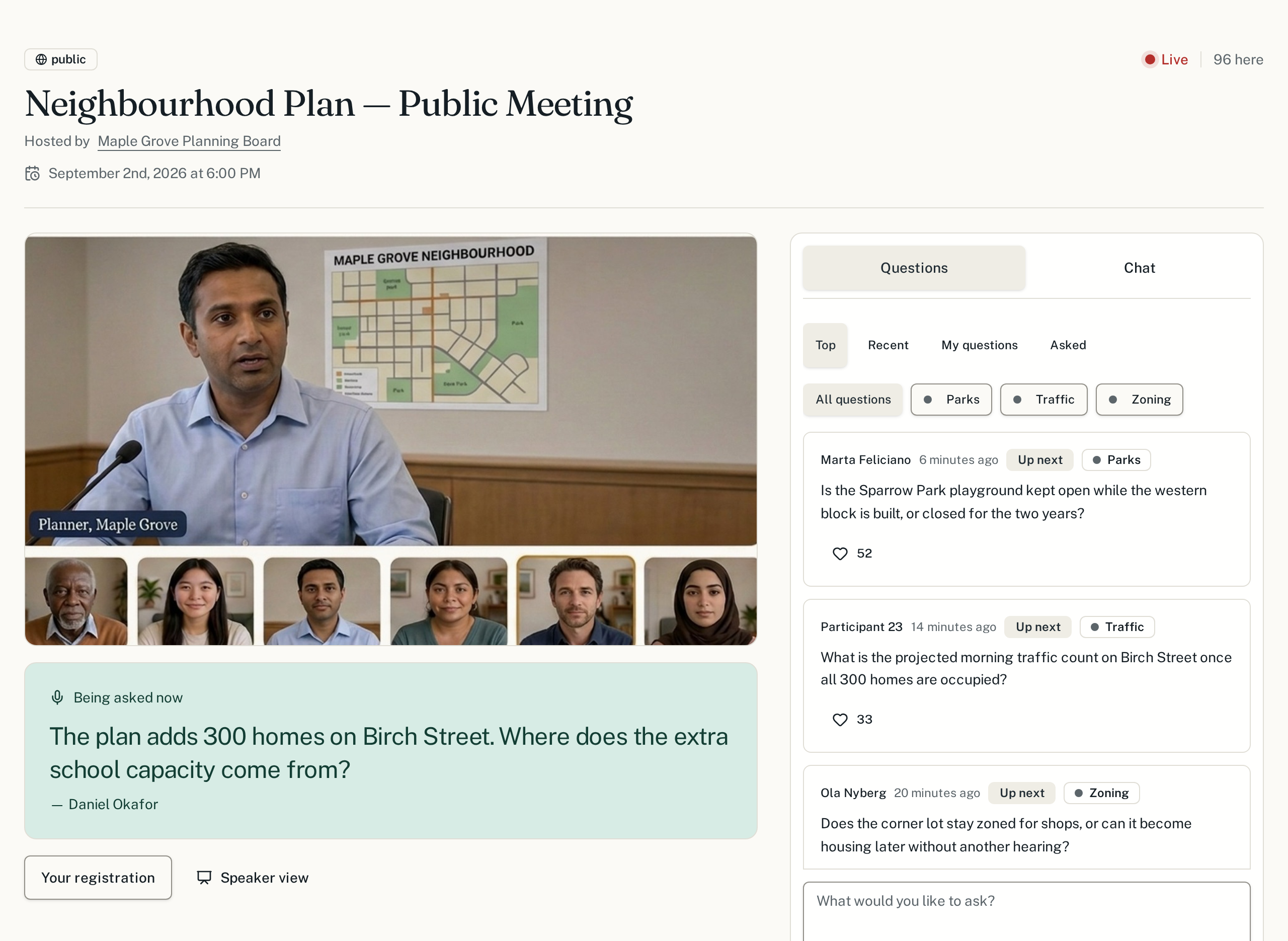 A live SpeakUp town hall page: a Live badge and head count at the top right, the title, host and time, the call below with the speaker and the residents' strip, the question on the floor in the green panel, and the discussion column beside it.