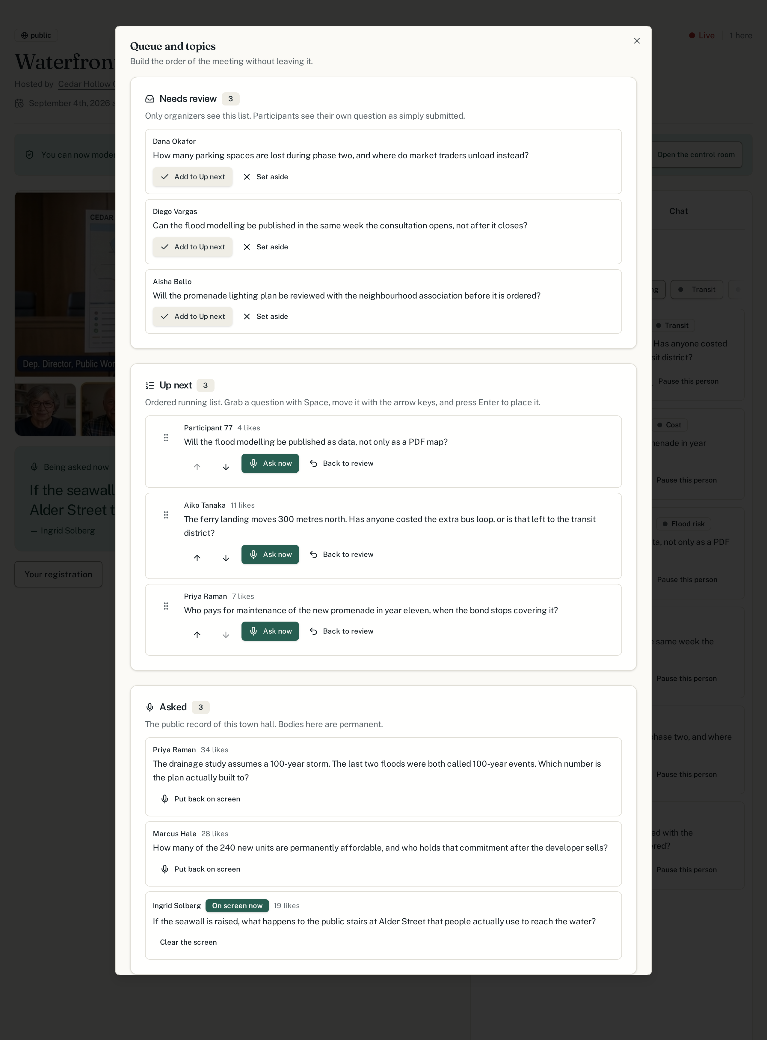 The SpeakUp control room: the review list and the ordered Up next queue on the left, topics on the right.