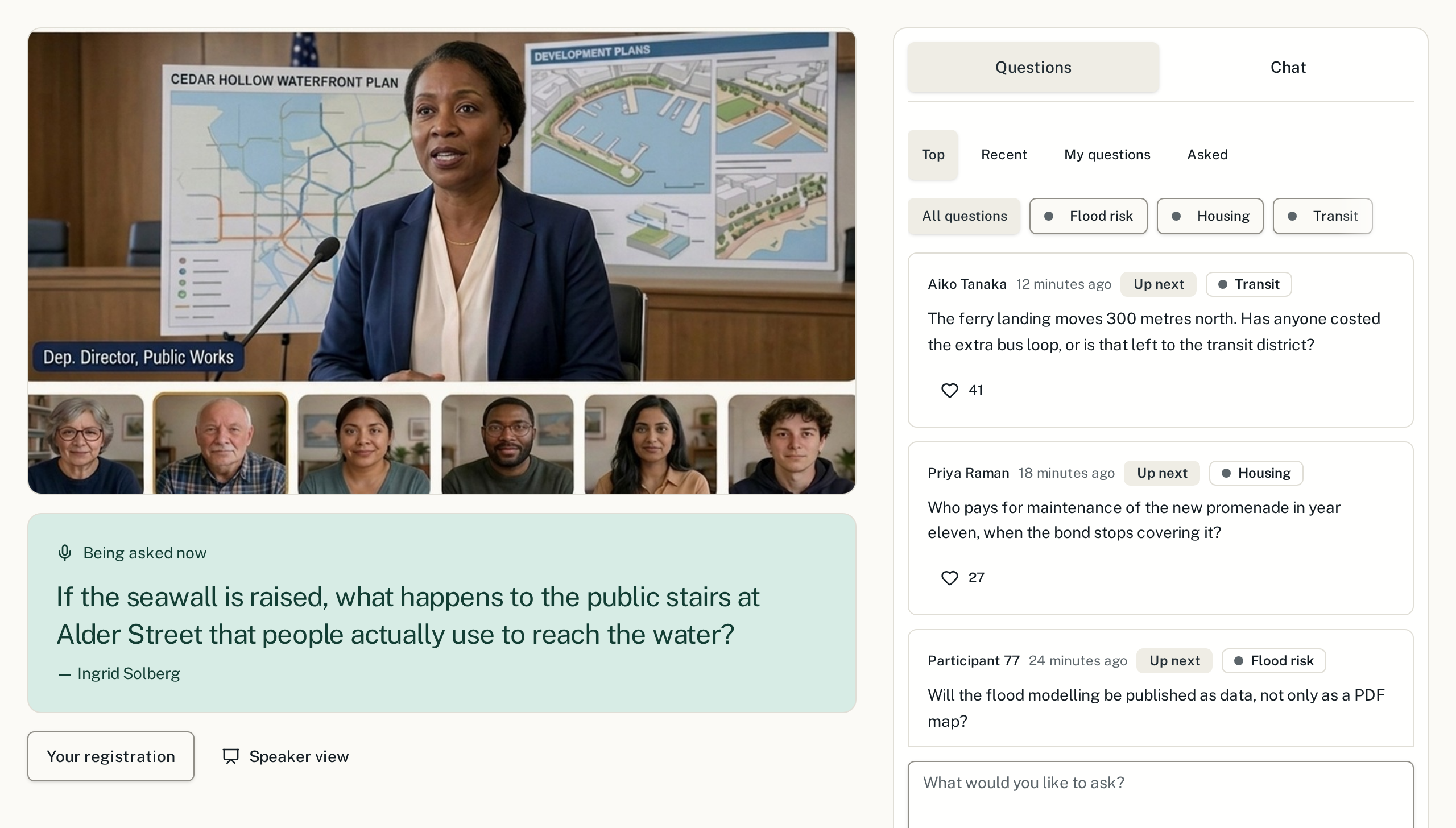 A live town hall: the call on the left with the panel member speaking and the residents' strip under her, the question being asked in the green panel below, and the discussion on the right with Questions and Chat tabs, the Top, Recent, My questions and Asked filters, topic chips, questions with their backing counts, and the box for typing at the bottom.