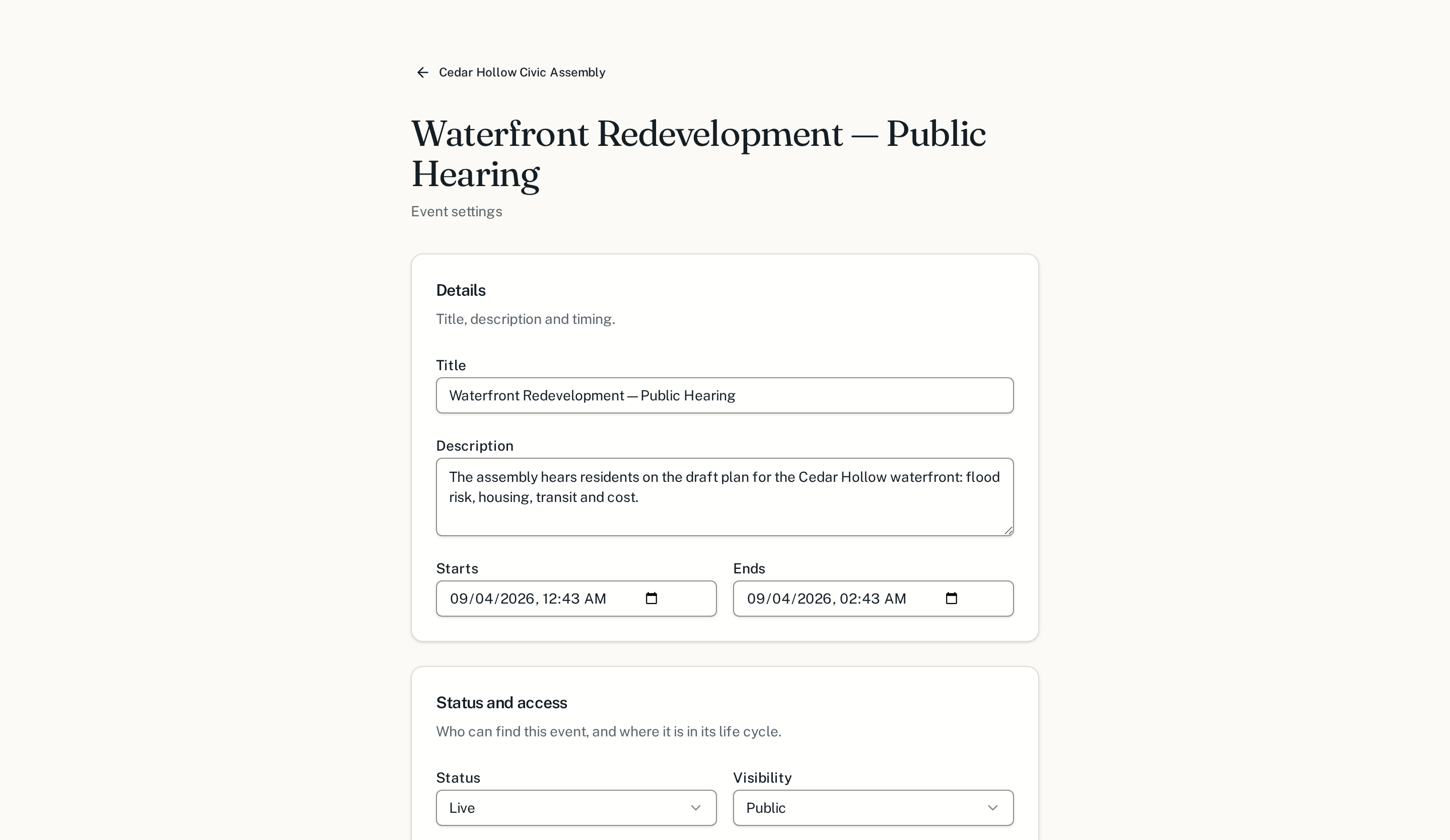 The event settings page in SpeakUp, showing details, timing, status and visibility.