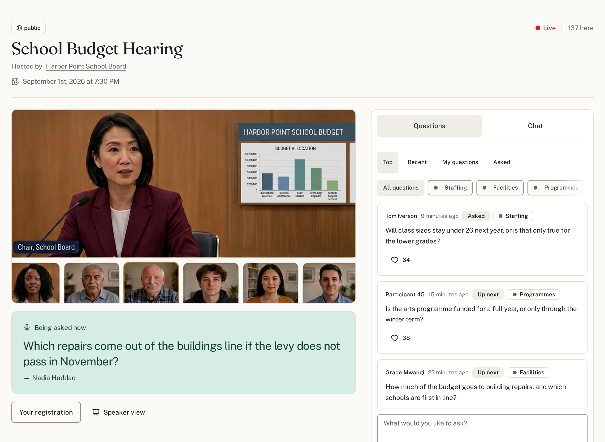 The participant view during a live school budget hearing: the video call on the left with the question being asked in the green panel beneath it, and the questions column on the right showing the Asked filter.