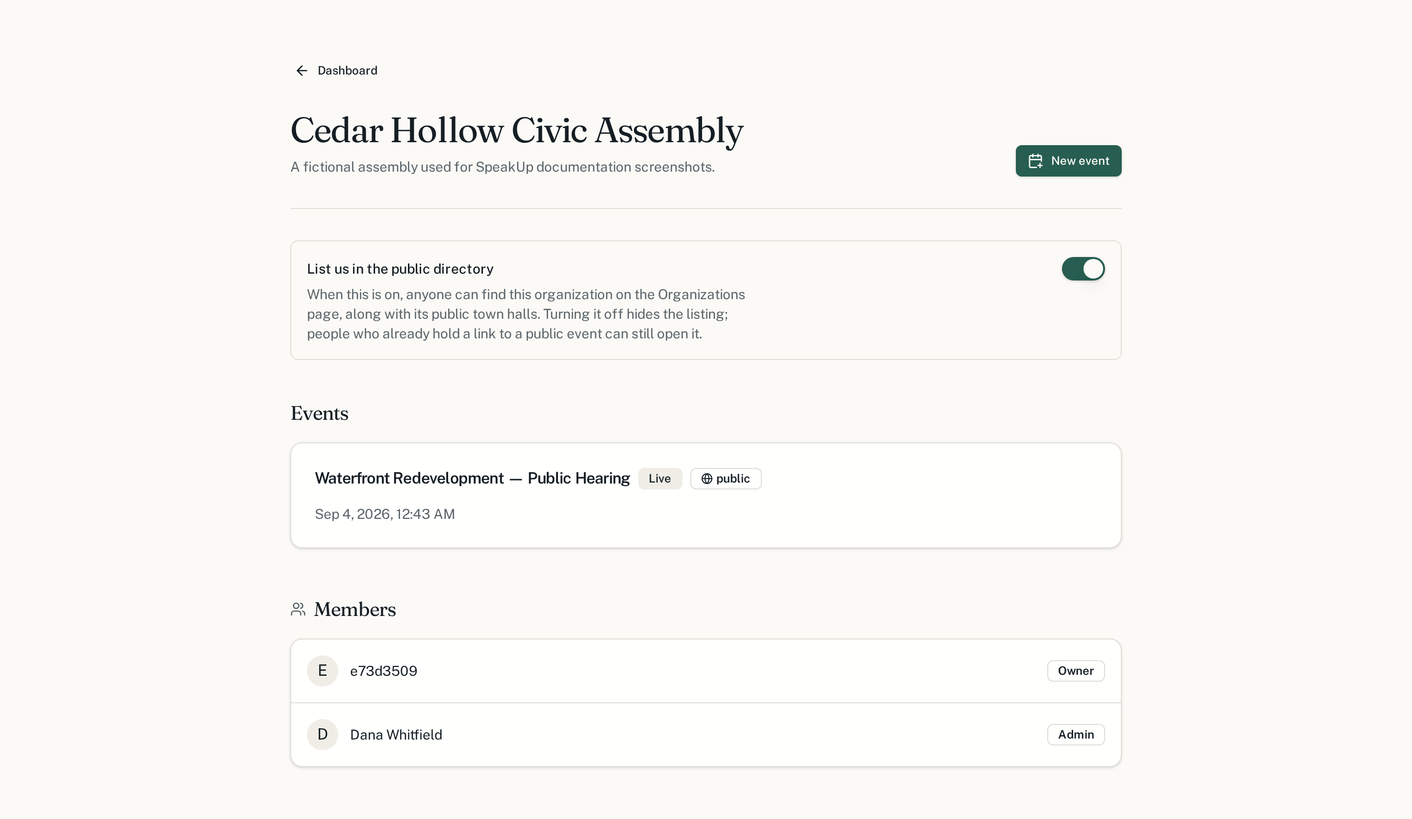 An organization page in SpeakUp with the New event button, an events list and a members list.