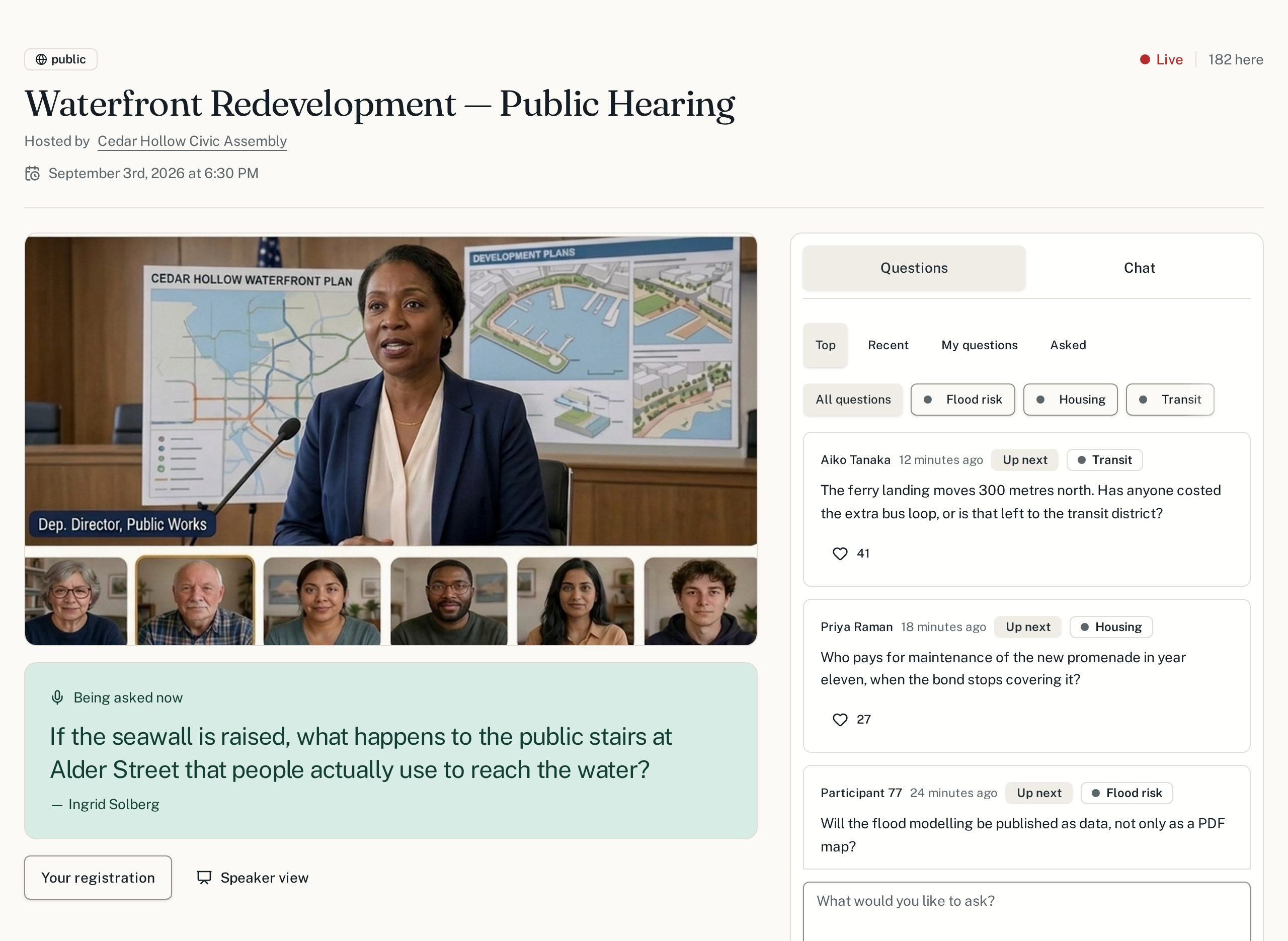A live SpeakUp town hall: a Live badge and head count at the top right, the video call filling the left of the page with the residents' strip beneath it, the question on the floor in the green panel, and the questions column on the right with Top, Recent, My questions and Asked filters.