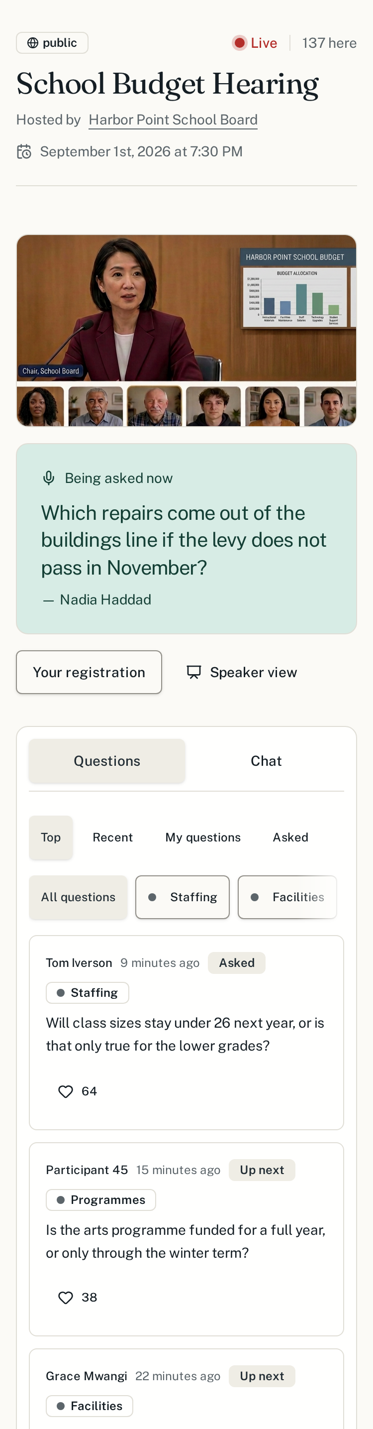 A SpeakUp school budget hearing on a phone: the video call at the top, the question being asked in the green panel beneath it, and the question list with its Top, Recent, My questions and Asked tabs stacked below.