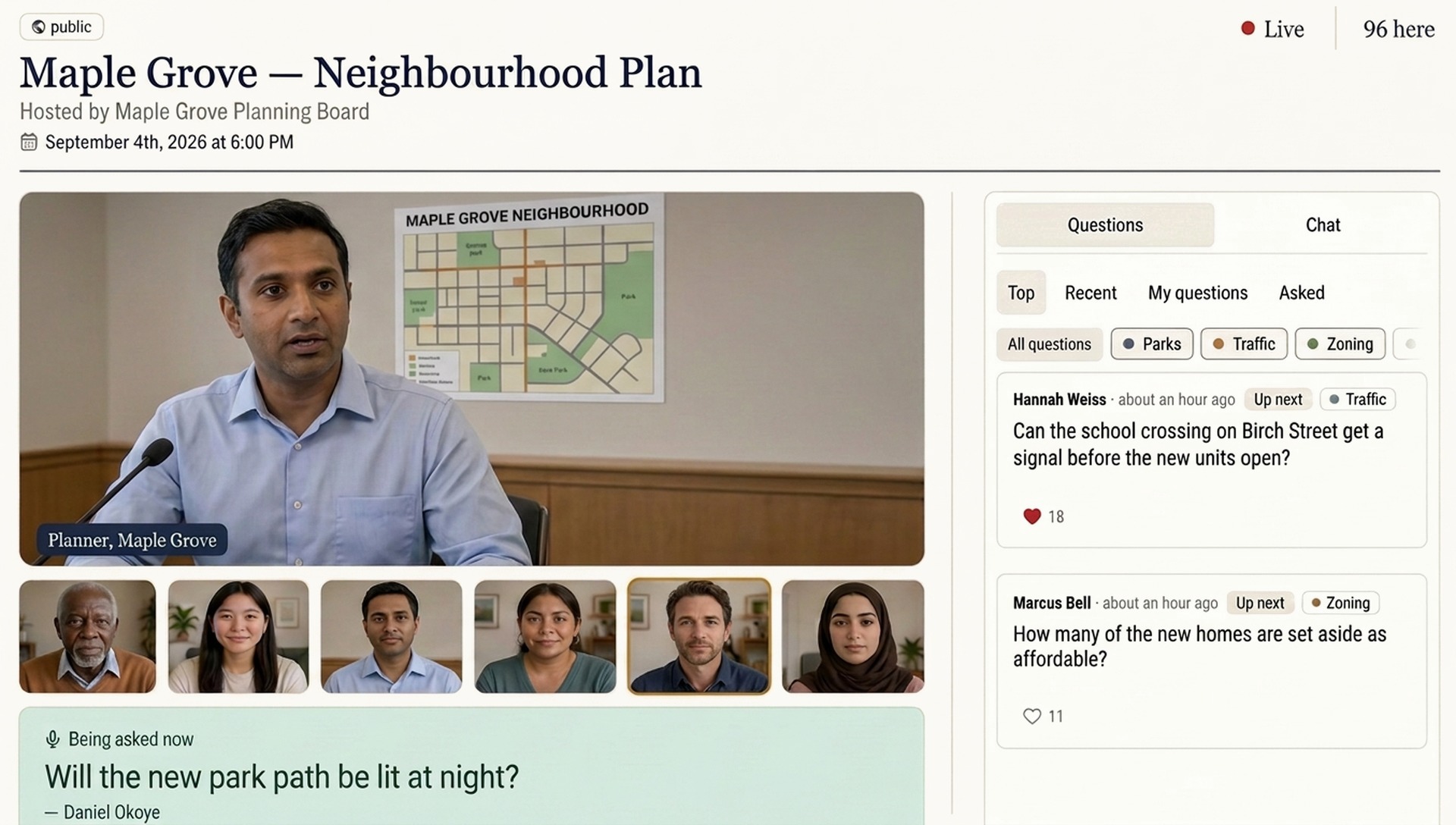 Illustration of a live SpeakUp town hall page: a city planner speaks in the main video with six participant tiles beneath, a red Live marker and a count of people here at the top right, a green 'Being asked now' panel under the video, and the question column on the right with its tabs, filters and topic chips.